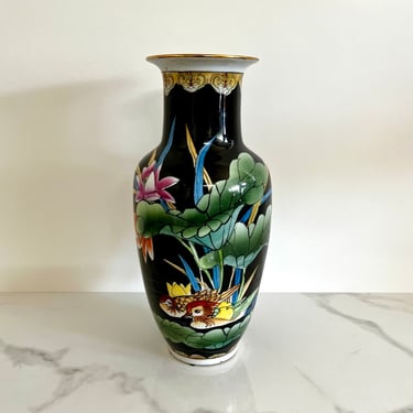 Vintage Noir Chinoiserie Vase | Black Ceramic Vase | Asian Pottery | Floral Vase 