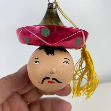 De Carlini Italy Figural Ornament, Mouth Blown Mexican Sombrero Ornament, Glass Christmas Tree Ornament, Pink Sombrero, Mustache 