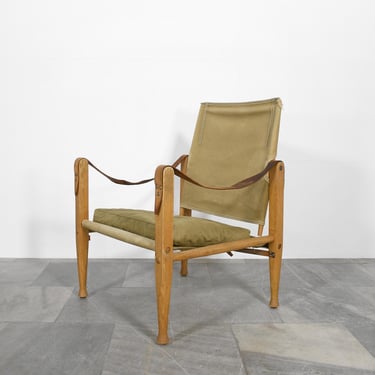 Danish Vintage Kaare Klint Rud Rasmussen KK47000 Olive Green Canvas Tan Leather Wood Safari Chair Scandinavian Accent Brutalist Lounge Sling 