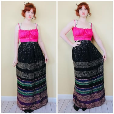 1970s Vintage Rainbow Sequin Maxi Skirt / 70s High Waisted Multi Color Metallic Sequined Beaded Disco Skirt / Size Medium 