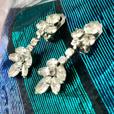 Bling Earrings, Sparkly Clear Rhinestones, Faceted, Dangle Drop, Wedding Bride, Clip On Style, Vintage 