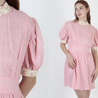 Romantic Pink Seersucker Mini Dress / Old Fashioned High Floral Neckline / Billowy Puff Sleeves / Short Antique Inspired Prairie Frock 