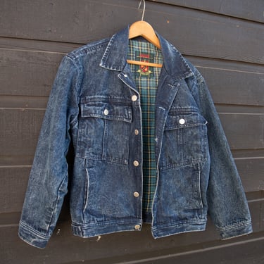 Vintage 80's Denim Jacket | Dark Acid Wash Women's Oversized Denim Jacket | Plaid Lined Grunge Trucker Blue Jean Jacket 