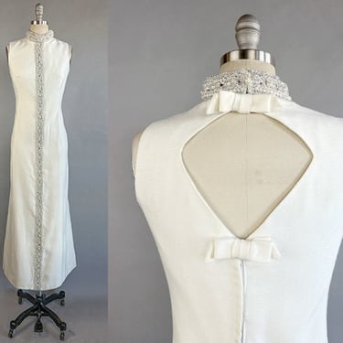 1960s White Gown / 1960s Evening Gown / 1960s High Neck Sleeveless Gown with Rhinestones / Size Medium 