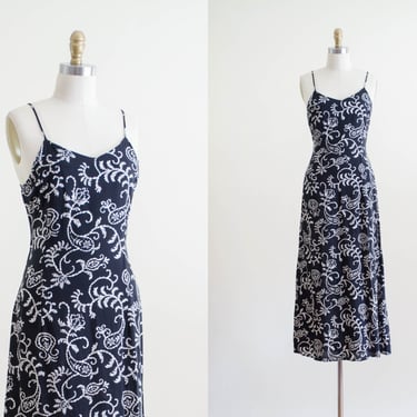long black slip dress | 90s y2k black white batik floral spaghetti strap vintage maxi dress 