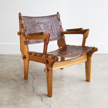Rare Vintage Angel Pazmino Fruitwood & Hand-Tooled Leather Lounge Chair, Ecuador, circa 1960 
