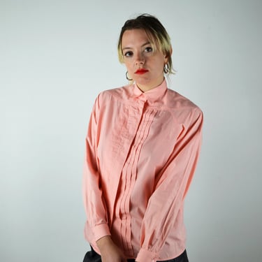 Vintage 80s Button Up Shirt / DETAILS / Peach Pink Blouse Top / 1980s 1990s 90s / Small XS Medium / Pleats Cuffs 