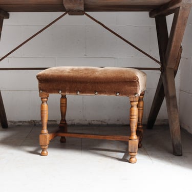midcentury Belgian oak & velvet stool
