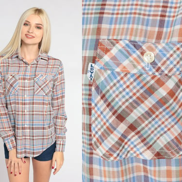Levis Plaid Shirt 80s Button Up Shirt Retro Preppy Checkered Collared Shirt Long Sleeve Levi Strauss Blue Brown Vintage 1980s Mens Small 