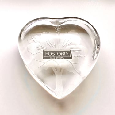 Vintage Arts Hawaiian Etched Glass Forstoria Crystal Floral Heart Paperweight Hawaii Hibiscus Gift 