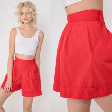 Red Wide Leg Shorts 80s Pleated Trouser Shorts Paper Bag Ultra High Waisted Rise Yoke Waist Preppy Retro Summer Vintage 1980s Small 5 