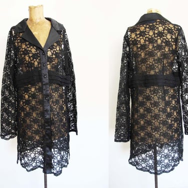 2000s y2k Black Lace Duster Jacket M L  - Sexy Goth Semi Sheer Lacey Long Sleeve Dress 