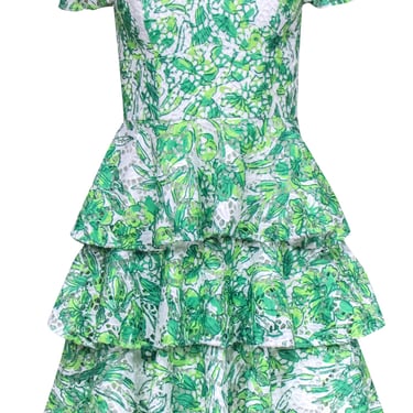 Lilly Pulitzer - Green & White Leaf Print Eyelet Mini Dress w/ Ruffles Sz 00