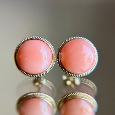 Vintage 14K Yellow Gold Pink Coral Button Stud Earrings, Estate 