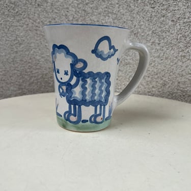 Vintage M.A. Hadley pottery flared shape mug blue white sheep theme holds 12 oz 