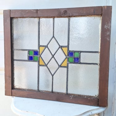 Yellow Blue & Green Antique Stained Glass Window, Vintage Arts Crafts Craftsman Window, Antique Colored Glass Window 072903 