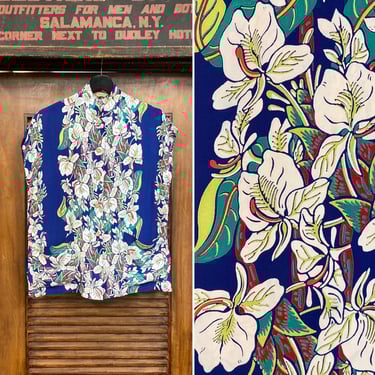 Vintage 1940’s Original “Kamehameha” Silky Rayon Tiki Teatimer Cabana Hawaiian Shirt Top, 1940’s Hawaiian Shirt 
