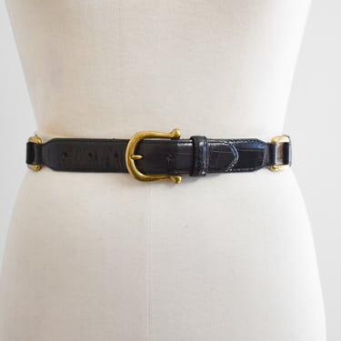 1990s Fossil Black Leather and Brass Link Belt 