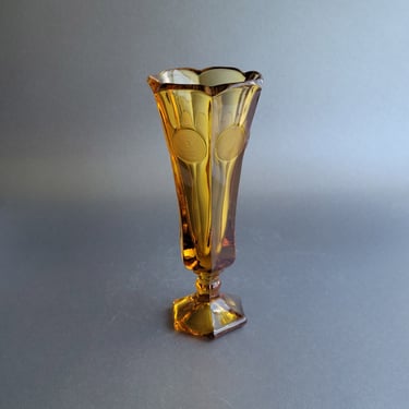 FOSTORIA Coin amber glass pedestal vase Yellow fluted bud vase Collectible depression glass 