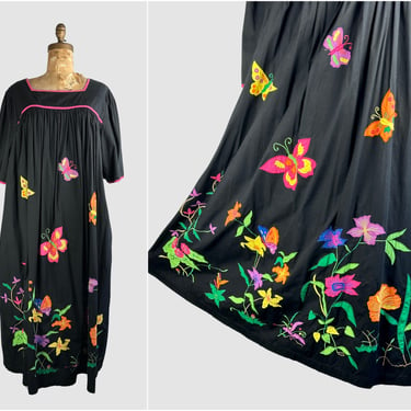 GARDEN PARTY Vintage 80s Floral and Butterfly Applique Dress, 1980s Flower & Insect Theme Black Cotton Tunic | Boho Bohemian | Size X Large 