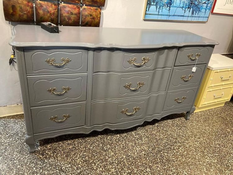 Gray painted French provincial 9 drawer dresser  61” x 19” x 32.5”