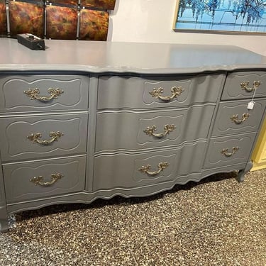 Gray painted French provincial 9 drawer dresser  61” x 19” x 32.5”