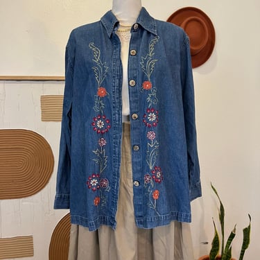 Vintage 90s Blue Cotton Denim Button Front Floral Embroidered Long Sleeve Shirt 