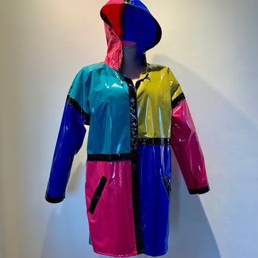 1980's Vinyl Raincoat - Color Block - Classic Mod MONDRIAN Style - Kenn Sporn for WIPPETTE - With Hoodie & Side Pockets - Women's Size Small 