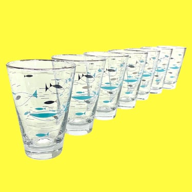 Vintage Libbey Highballs Retro 1960s Mid Century Modern + Mediterranean + Blue and Gold Fish + Clear Glass + Set of 7 + MCM Kitchen or Bar 