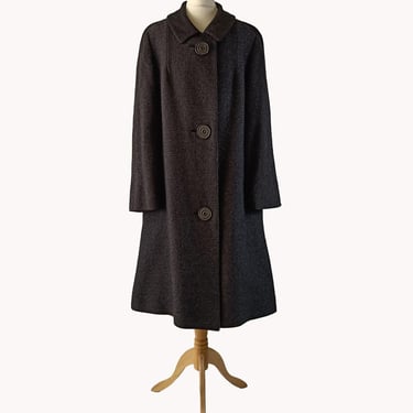 Menatex Oy Helsinki 1960s Black Wool Tweed Duster Coat Midcentury Finnish Vintage Size S/M 