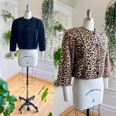 Vintage 1960s Jacket | 60s Reversible Faux Fur Leopard Animal Print Black Short Cropped Coat | small/medium 