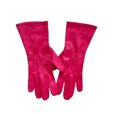 Vintage hot pink gloves in stretch nylon. A fun spring retro fashion accessory for Easter or formal prom wear c. 1950s - 60s 
