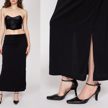 Medium 90s Black Drawstring Waist Maxi Skirt | Vintage Minimalist High Waisted Slinky Straight Skirt 
