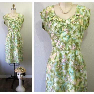 Vintage 1950s Soft Colors Green Pink Abstract Floral Cotton Wiggle Fancy Collar Wiggle Dress / US 8 10 Med Lg 