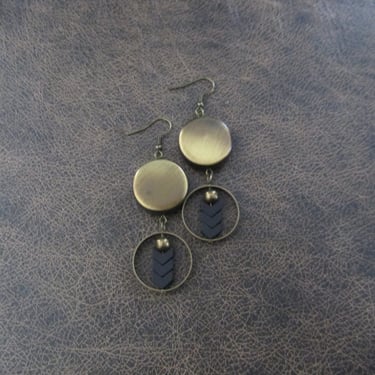 Bronze ethnic earrings, chandelier earrings, statement earrings, chunky bold earrings, etched metal earrings, black arrow earrings, modern 7 