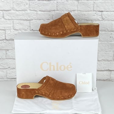 CHLOÉ Joy Womens Suede Open Back Clogs In Brown,Size 38, New