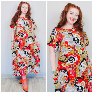 1970s Vintage Soft Acrylic Red Psychedelic Print House Dress / 70s / Seventies Flared Sleeve Paisley Maxi Gown / Large -XL 