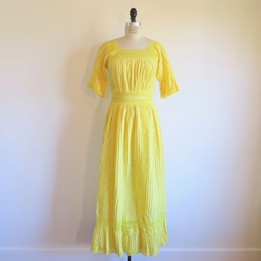 Mexican Yellow Cotton and Lace Long Maxi Dress Pintucks Hippie Boho Spring Summer Wedding Bridal Party 29