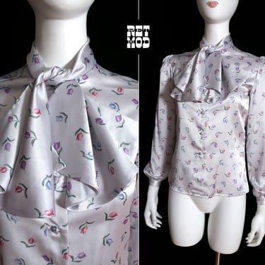 Lovely Vintage 70s 80s Gray Tulip Patterned Blouse with Neck Tie 
