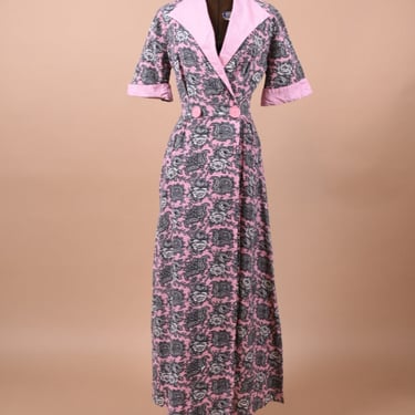 50s Pink & Black Seersucker Maxi Robe Dress By Paintset, XS