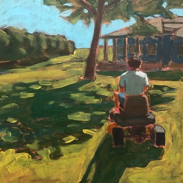 Man Mowing Lawn #2 - Original Acrylic Painting on Canvas 14 x 14, gallery wall, peaceful, grass, father, shadows, home, michael van, art 