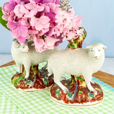 Antique Staffordshire Sheep Spill Vase Pair