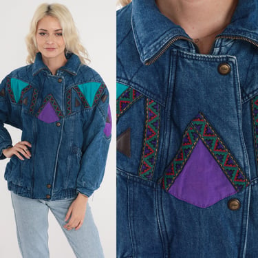 Patchwork Denim Jacket 90s Quilted Jean Jacket Blue Zip Snap Up Jacket Retro Streetwear Pocket Bomber Jacket Lined Boho Vintage 1990s Small 