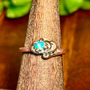 Vintage Copper Gemstone Ring Aqua Crystal Silver Retro Jewelry Gift Size 5 