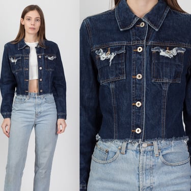 Vintage Guess Cropped Cut-Off Jean Jacket - Small | 90s Y2K Dark Wash Denim Jacket 