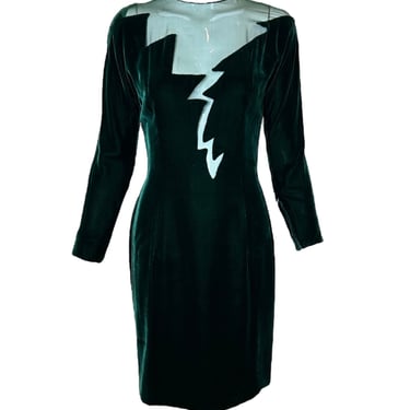 John Anthony Late 70s Emerald Velvet Cut-Out Lightning Dress