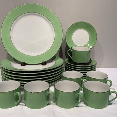 Spring Lime Green Border Dinner Set Taitu Emilio Bergamin DUE 1984 Italy, retro dinnerware, retro kitchen tableware, breakfast set gift 