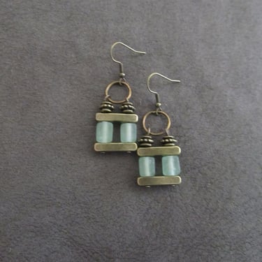 Sea green glass earrings, chandelier earrings, statement earrings, bold earrings, industrial earrings, tribal ethnic earrings, chic unique 