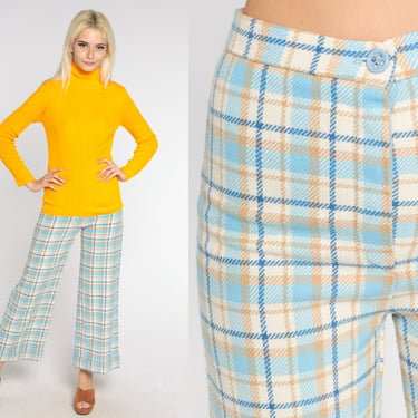 Plaid Bell Bottom Pants 70s Trousers Retro Wide Leg Flare Pants Blue Checkered Bellbottoms High Waisted Flared Hippie Vintage 1970s Small 27 