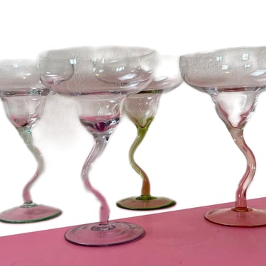 Vintage 1990 Set of Four Zig Zag Stemmed Margarita Glasses 